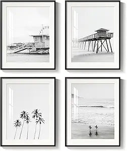 Framed Black and White Beach Wall Art, 4 Piece Coastal Photography Canvas Artworks, Ocean Wave Palm Tree Seascape Picture Prints for Living Room Bedroom Bathroom Hallway Office Wall Decor, 11x14 Inch