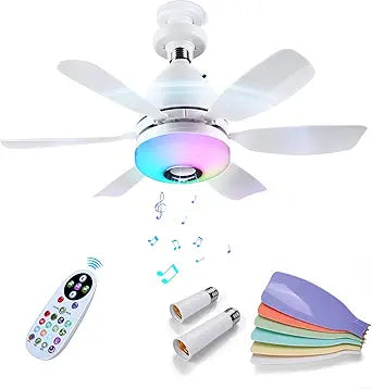 MMOBIEL Socket Fan Light with Remote LED Ceiling Fan Bulb with Bluetooth Speaker, Music Sync, 7 RGB Modes, 3000K6500K Dimmable, 3 Speeds, 2x6 Blades E27 Screw Base for Bedroom, Kitchen White