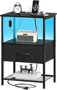 Somdot Nightstand with Charging Station and LED Light for Bedroom, Bedside Table End Table for Dorm Guest Room Bedside Kids Laundry Closet Entryway Hallway, Black