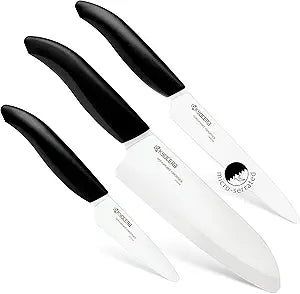 Kyocera Advanced Ceramics Revolution Series 3-Piece Ceramic Knife Set: Includes 6-inch Chef's Knife; 5-inch Micro Serrated Knife; and 3-inch Paring Knife; Black Handles with White Blades