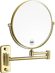 Gold 1x10x Double Sided Magnifying Bathroom Makeup Mirror 360 Degree Swivel Mirror Adjustable Telescopic Arm Wall Mount 8 Inch Non-Illuminated Beauty Mirror Shaving MirrorSquare Base