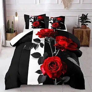 CCoutueChen Red Black Comforter Set Floral Rose Striped Bedding King