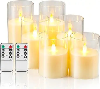 Flameless Candles with Remote, Set of 6 LED Pillar Candles (3" D x 4" 5" 6" H), Realistic Climbing Flame Battery Powered Candles for Home Wedding Christmas (Clear Shell Ivory)