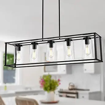 Farmhouse Chandeliers Rectangle Black 5 Light Dining Room Lighting Fixtures Hanging, Kitchen Island Cage Pendant Lights Contemporary Modern Ceiling Light with Glass Shade Adjustable Rods