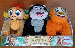 Happy Tails Large Plush Pet Toy Squeaking Rope Monkeys Dog Toys 3-Pack. Monkey Dog Toy. Each Monkey Measured 9x6x4 inches.