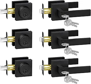 Exterior Door Lock Set with Deadbolt, Door Locks for Front Door with Single Cylinder Deadbolt Lock, Matte Black Door Handle with Lock and Key for Front Door, 3 Pack (All Same Keyed Alike)