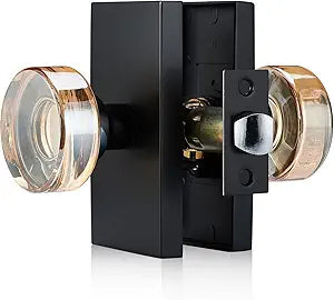 Champagne Glass Passage Door Knob Crystal Non-Locking Interior Handle with Matte Black Rosette Decorative Clear Knob for Hallway, Closet, or Guest Room Doors