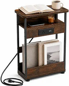 YEAKOO Narrow Side Table with Charging StationSmall Spaces Narrow End Table