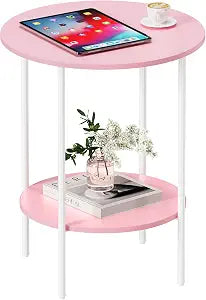 Pink Round Side Table with 2 Storage Shelves, Cute End Table for Girls Room