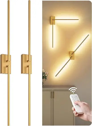 38.6" Wireless Battery Operated Wall Sconces Set of Two,Rechargeable Lamp with Remote, DIY Rotation, 10000mAh Battery, Touch Dimmable Lights for Living Room Hallway Bedroom, Gold D08YBP205