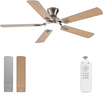 52 Inch Brushed Nickel Ceiling Fans with Lights and Remote,Low Profile Flush Mount Modern Ceiling Fan with Light,5 Blades,Dimmable LED Light,6 Speed DC Motor,Indoor Outdoor for Bedroom