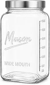 kitchentoolz 1 Gallon Glass Jar with Lid - Extra Large Mason Jar Wide Mouth with Airtight Metal Screw On Lid - Square Glass Storage Container with Measurements for Flour, Sugar, Cookies & Pickling
