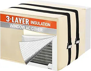 Air Conditioner Covers for Outside Units to Protect AC and Winter Insulation, Waterproof & Snowproof Window AC Covers for Outside with 3 Layers Insulation - 25.5" W x 18" H x 20.5" D - Beige
