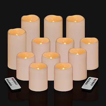 Flameless Candles 4" 5" 6" Outdoor Indoor Pillars Battery Operated Flickering Candles Include 10-Key Remote Timer 400+ Hours by 2 AA Batteries (Ivory Candle - Warm light, 3"D x 4"|5"|6" H - 12 Pack)