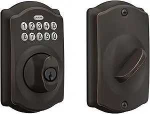 Schlage Camelot Electronic Keypad Deadbolt Lock, Keyless Front Door Entry, Mechanical Key Backup Included, Aged Bronze, BE365 V CAM 716