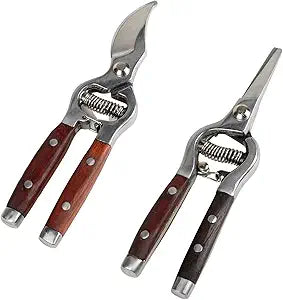 Garvee 2 Pack Garden Pruning Shears for Gardening, Wood Steel Handle Bypass Pruning Shears for Gardening, Curved Straight Garden Shears, Gardening Tools for Plants Flowers Light Branches
