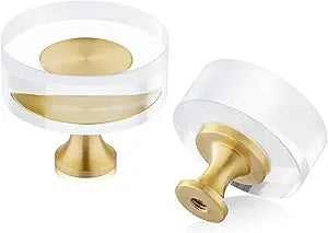 QOGRISUN 20 Pack Gold Cabinet Knobs, 1-1/4" Round Clear Glass and Brass Drawer Knobs, Modern Decorative Pulls for Kitchen Cupboard, Dresser & Bathroom Vanity Hardware