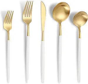 Lemeya Matte White Gold Silverware Set for 4,Modern Stainless Steel Brushed Cutlery Set,20-Pieces Heavy Duty Flatware Set,Knives Spoons and Forks Set Utensils Set, Satin Finish, Dishwasher Safe
