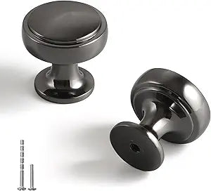 YAGU 10 Pack Polished Black Kitchen Cabinet Knobs 1.1 Inch Round Solid Dresser Drawer Knob Dark Grey Modern Hardware Bright Gunmetal Pulls for Closet Cupboard Wardrobe