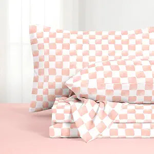 Wake In Cloud - Gingham Sheet Set, 4-Piece Sheet Set, Checkered Grid Plaid Checkerboard Geometric Preppy Hand Drawn Pattern Printed Bedding, Deep Pocket, Pink White, Full Size