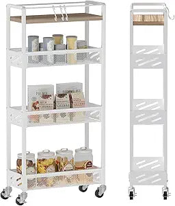 DGSNADGO Slim Rolling Storage Cart, 4-Tier Kitchen Cart on Wheels, Narrow Utility Cart with Handle and Wooden Tabletop for Small Space in Kitchen, Living Room, Bathroom, Laundry Room, Beige and White