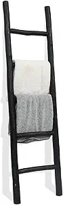 FUIN Fully Assembled 57in Wood Blanket Ladder Living Room Decorative Wall Leaning Farmhouse Quilt Display Holder Rustic Wooden Towel Rack for Bathroom, Black