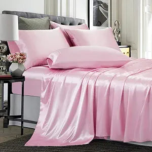 TREELY 4 Piece Set Pink Satin Sheets Twin Size