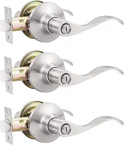 GOBEKOR 3 Pack Satin Nickel Privacy Door Handles for Bedroom and Bath Lever Door Handle Interior with Lock Wave Door Levers Keyless