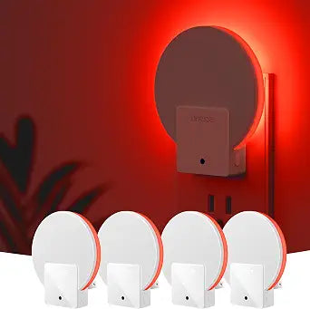 Lyridz Red Plug in LED Backlit Night Light, Auto Dusk to Dawn Sensor, 1-50 LM Dimmable Sleep Aid Nightlight Indoor for Bedroom, Kids Room, Elderly Housing, Bathroom, Kitchen, Stairs, Hallway, 4 Pack