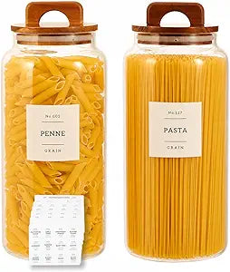 2 Pack Large Glass Flour and Sugar Containers with 132 Pantry Labels - 105 FL OZ Glass Canisters with Bamboo Airtight Lids - Farmhouse Kitchen Glass Pantry Jars for Cookie, Rice, Pasta, Cereal, Salt