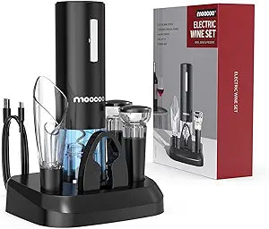 Moocoo Electric Wine Opener with Charging Base, Cordless Electric Wine Bottle Opener with 2-in-1 Aerator &Pourer, Foil Cutter, 2 Vacuum Preservation Stoppers, Display Charging Station for Easy Storage