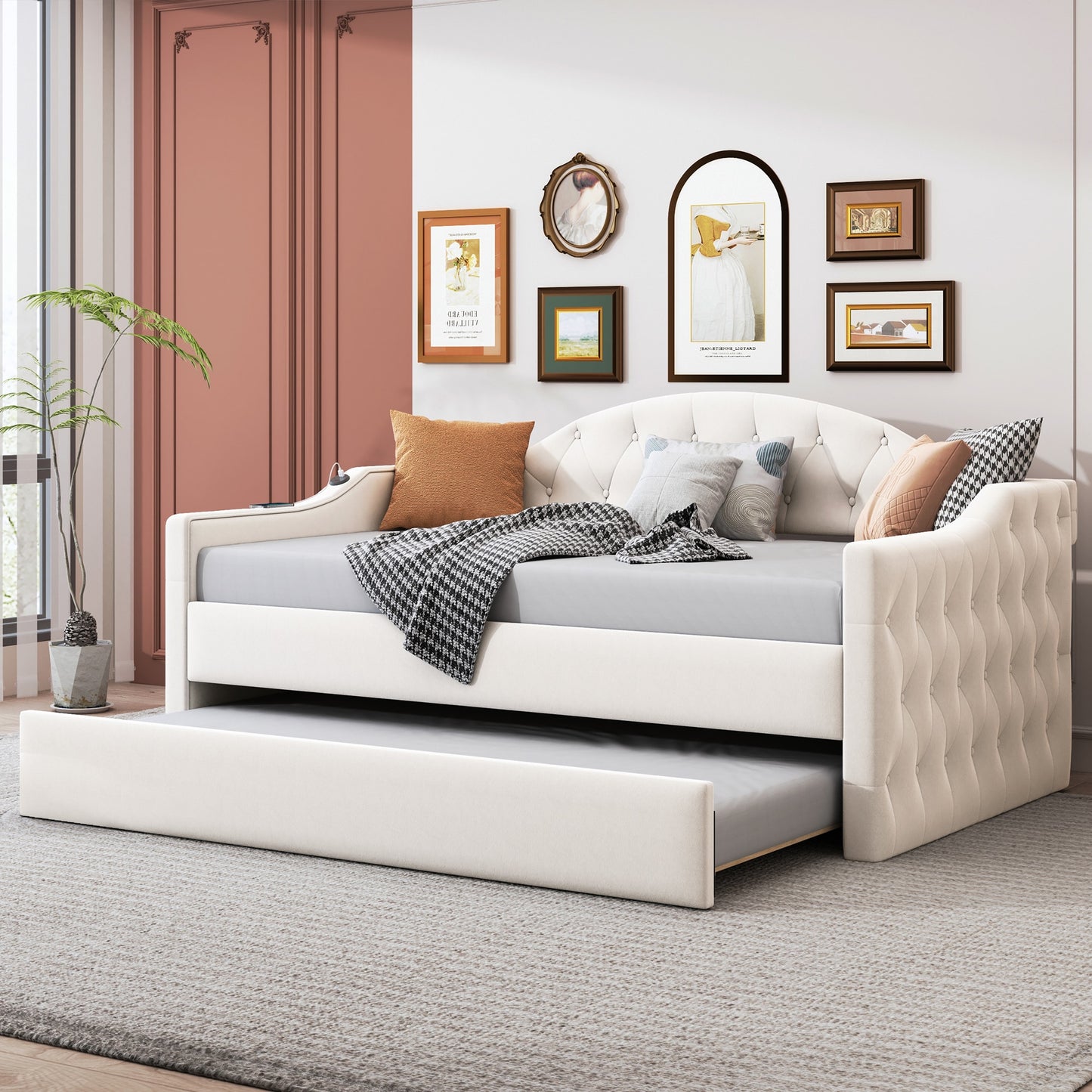 Lycvki Beige Contemporary/Modern Velvet Twin Sofa bed