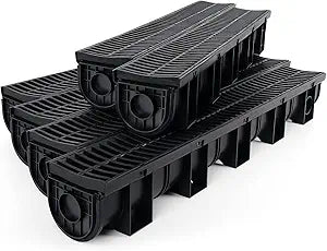 Trench Drain System, Channel Drain with Plastic Grate, 5.9x5.1-Inch HDPE Drainage Trench, Black Plastic Garage and GardenDrain, 6x39 Trench Drain Grate, with 6 End Caps,Convenient Assembly6 Pack