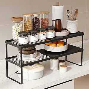 Magheo Expandable Cabinet Shelf Organizer, 2 Pack Stackable Kitchen Counter Shelf Riser, Metal Spice Rack Heavy Duty Countertop Organizer Storage for Kitchen, Pantry, Cupboard, Rv (5.9in Height,Black)