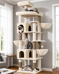 Globlazer Extra Large Cat Tree Tower, 82in Tall Heavy Duty Cat Tree for Indoor Cats Large Adult Big Cat Tower with 8 Scratching Posts, 2 Cat Condos, 2 Top Perches, 3 Hanging Baskets, S82, Beige