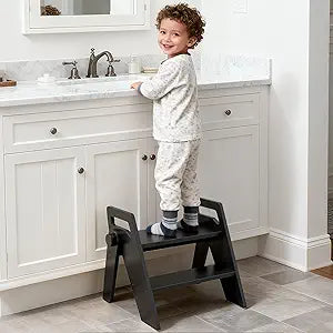 HOMEKOL Toddler Kids Step Stool: Wooden 2 Step Stool for Bathroom Sink Kitchen Potting Training, Foldable with Side Handles, 300 lbs Capacity, Non-Slip A-Frame, Black