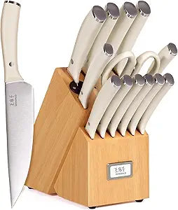 WANGMAZI Knife Block Set, 15 Pcs High Carbon Stainless Steel Knife Set, Dishwasher Safe Cutlery, Kitchen Knife Set with Blades, Ideal Home Cooking Gift for Women, Natural