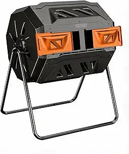 43-Gal Dual Chamber Compost Tumbler Outdoor, 360 Rotating Compost Bin with Steel Frame, Aeration System & 2 Sliding Doors for Kitchen, Garden, Yard - Black Orange