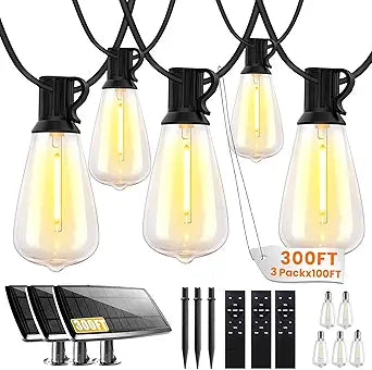 Bdrofn 300FT Solar String Lights Outdoor Waterproof, Solar Patio Lights with Remote Control & 90+5 Dimmable ST38 Edison Bulbs Shatterproof,Solar Powered String Lights for Outside Garden Backyard