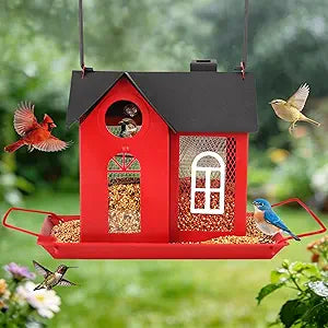Solar Bird Feeder for Outdoors - Red Metal Hanging Bird Feeder with Solar Light, Decorative for Wild Cardinals, Finches, Weatherproof Backyard Garden Decor Ideal Gift for Women Mom Grandma