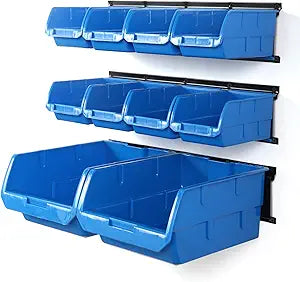 Wallmaster Wall Mounted Storage Bins, Wall Storage Bins Parts Rack 10 Bins&3 Rails Wall Mount Tool Organizer Hardware Storage Organizer (Blue)