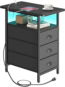 sthmec End Table with Charging Station,LED Side Tables with USB Ports and Outlets,Narrow Nightstands Bedside Tables with 3 Drawers PU Finish for Small Space,Slim Sofa Table for Livingroom,Black