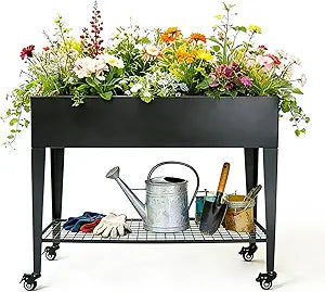 Foldable Raised Garden Bed with Wheels, 38 x 14 x 32 Inch Galvanized Steel Elevated Planter with Storage Shelves, Rolling Outdoor Planter Box for Herbs, Vegetables & Flowers, Black