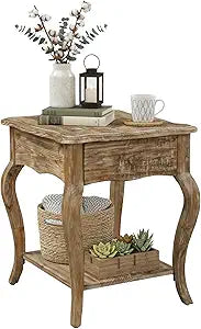 Austerity 20-Inch Rectangular Rustic Solid Wood End Table with Drawer and Shelf Cedar Wood, Driftwood Finish, Queen Anne Legs, Scalloped Edges Living Room Accent Table by Alaterre Furniture