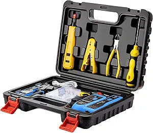 Network Tool kit, Pass Through RJ45 Crimp Tool kit, Ethernet Crimper Cat6 Cat5e Cat5 Crimping Tool with Wire Tracker, 110/88 Punchdown Tool, Cat6 Pass Through Connectors, Wire Stripper