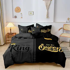 Couple Bedding Set - King Size, Crown Queen and King Comforter Cover Solt & Breathable Bedding Sets Dark Gray & Black Lover Duvet Cover Set Valentine s Day Presents (1 Duvet Cover + 2 Pillowcase)