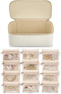 VLANDO Jewelry Organizer Travel with 12 Clear Velvet Zipper Pouches,White