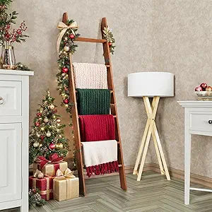 Foldable Decorative Wooden Blanket Ladder for Living Room & Bedroom, 6-Tier Pine Wood 68" Easy Assembly, Anti-Slip, Farmhouse blanket ladder for Home Dcor N Display.(Brown)