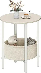 Vagusicc Round Side Table End Table with Storage Basket, Small Side Table Round Nightstand for Small Spaces, Tall Oval End Table with Steel Frame, Coffee Bedside Table for Living Room, Begie