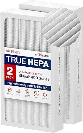 Classic 400 Series HEPA Particle Filter Replacement Compatible with Blueair Air Purifier Models 402, 403, 405, 410, 450E, 455EB, 480i by LifeSupplyUSA (2-Pack)